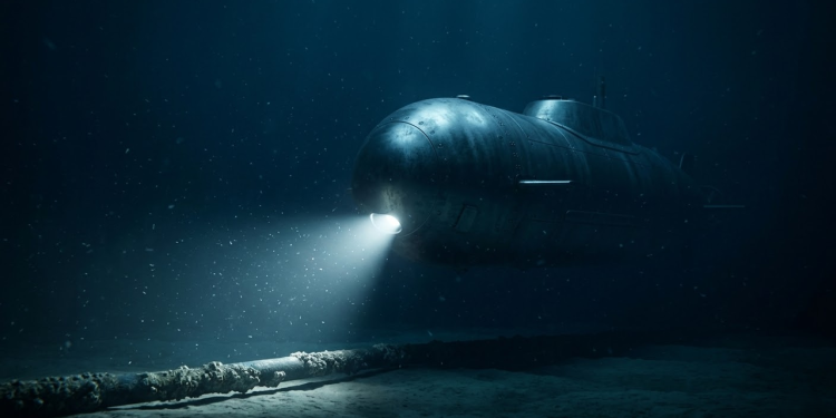 Submarino robótico gigante iluminando cabos de fibra ótica no fundo do mar.
