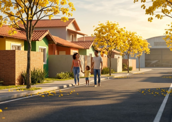 Família brasileira caminhando em rua ensolarada e arborizada do interior.