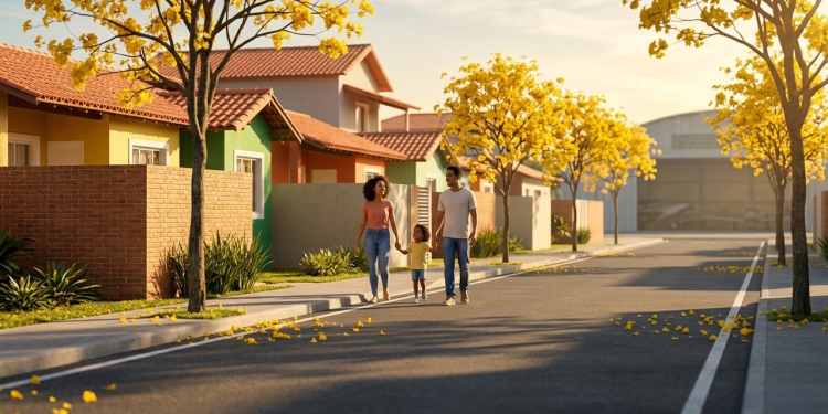 Família brasileira caminhando em rua ensolarada e arborizada do interior.