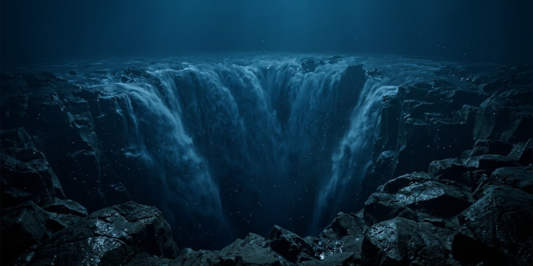 A colossal queda submarina mergulhando no abismo profundo.