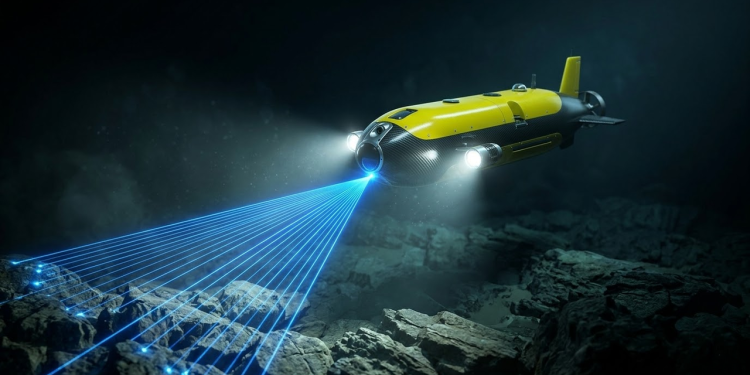 Robô submarino amarelo escaneando o leito oceânico com laser azul no abismo.