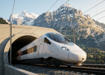 Comboio de alta velocidade emergindo do túnel sob os Alpes Suíços.