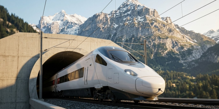 Comboio de alta velocidade emergindo do túnel sob os Alpes Suíços.