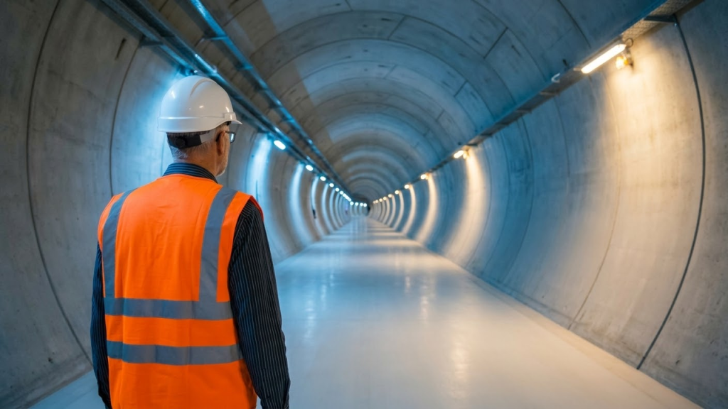 Engenheiro observa a imensidão da galeria circular de betão do túnel.