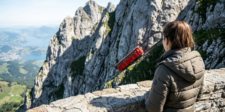 Visão por cima do ombro de uma turista observando maravilhada o pico rochoso enquanto o trem vermelho sobe os Alpes.