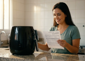 Mulher aliviada olhando a conta de luz ao lado da sua Airfryer