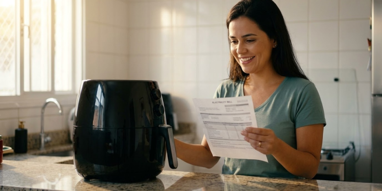 Mulher aliviada olhando a conta de luz ao lado da sua Airfryer