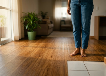 Mulher brasileira sorrindo aliviada ao observar o seu novo e elegante piso vinílico amadeirado cobrindo a antiga cerâmica do apartamento.