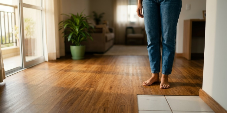 Mulher brasileira sorrindo aliviada ao observar o seu novo e elegante piso vinílico amadeirado cobrindo a antiga cerâmica do apartamento.