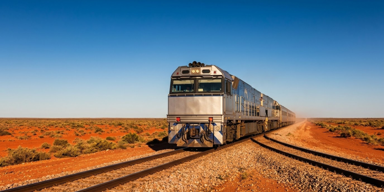 Trem prateado cruzando a maior reta do mundo na planície deserta sob a luz do pôr do sol.
