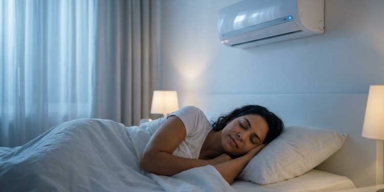 Mulher dormindo tranquilamente em quarto climatizado por um ar-condicionado moderno.