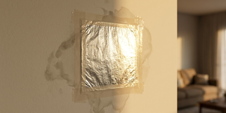 Papel alumínio colado em parede com infiltração sob luz solar.