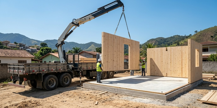 Guindaste instalando painel de madeira em terreno residencial.