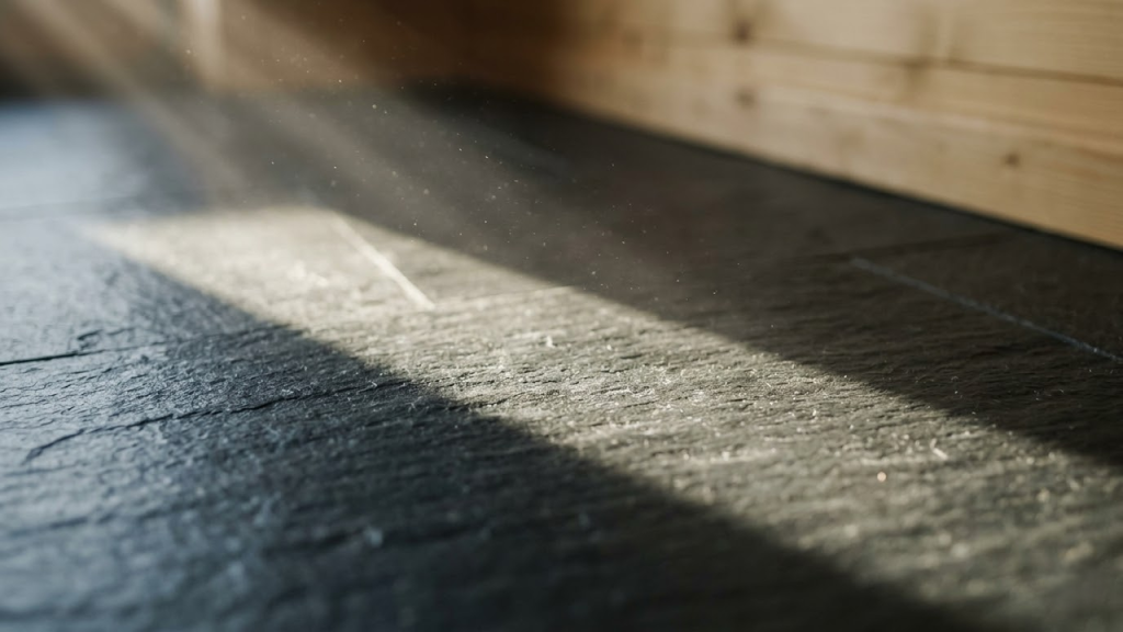 Luz solar de inverno incidindo sobre piso escuro de pedra.