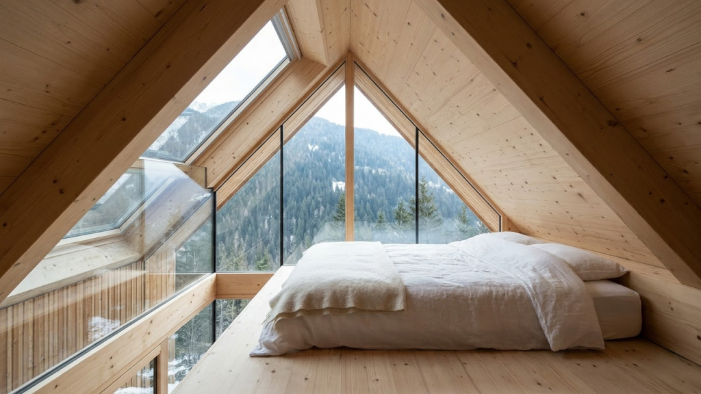 Vista ampla do mezanino de madeira com iluminação natural.