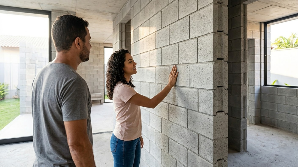 Casal admirando a parede limpa e concluída de sua nova casa modular.
