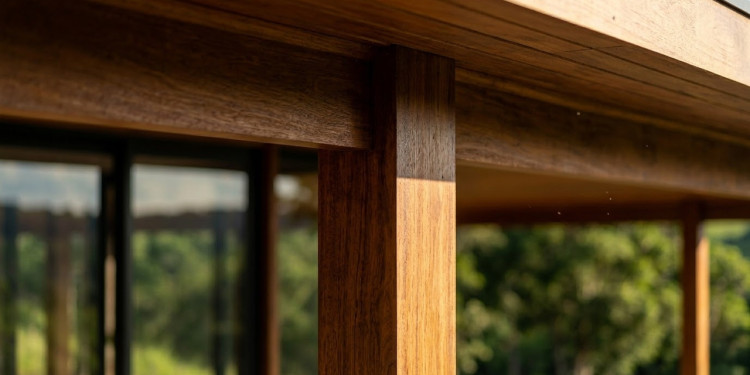 Detalhe macro da estrutura de madeira e sombra na varanda lateral.