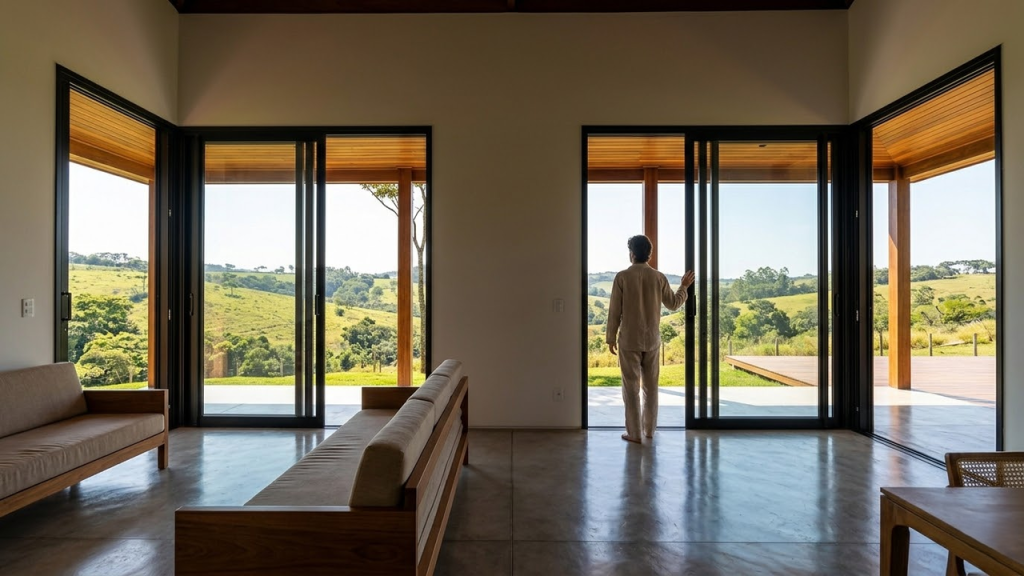 Interior integrado da casa com vista para a varanda arejada.