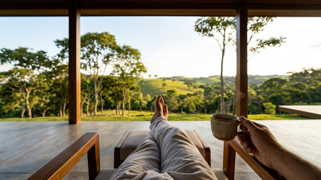 Visão em primeira pessoa descansando na varanda com vista para o vale.