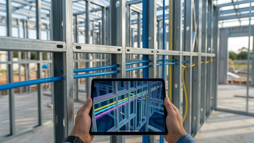 Visão em primeira pessoa comparando projeto digital no tablet com tubulações reais instaladas no aço.