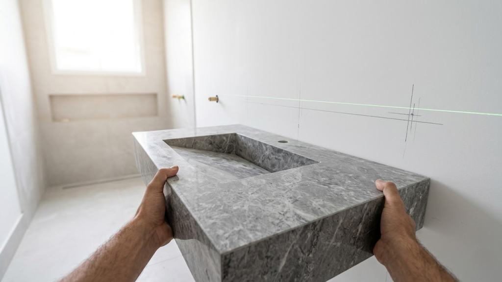 Visão do instalador segurando uma pesada bancada de mármore diante de reforços invisíveis na parede.