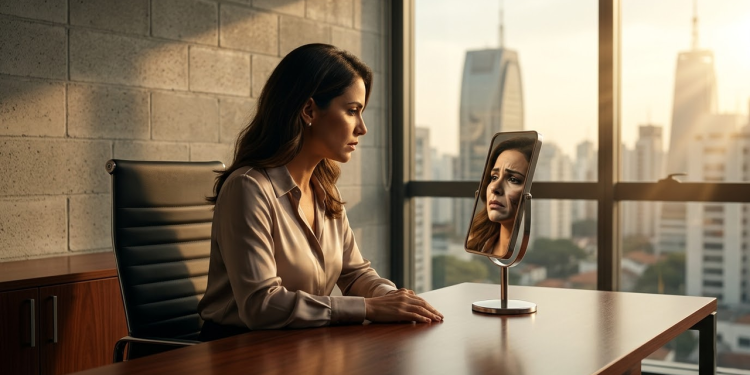 Profissional Brasileira em escritório moderno refletindo sobre sua própria imagem ao pôr do sol.