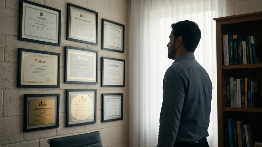 Homem Brasileiro observando seus diplomas e prêmios com postura de dúvida em seu escritório.
