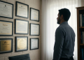 Homem Brasileiro observando seus diplomas e prêmios com postura de dúvida em seu escritório.