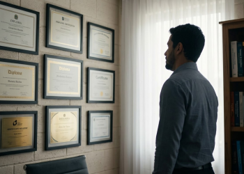 Homem Brasileiro observando seus diplomas e prêmios com postura de dúvida em seu escritório.