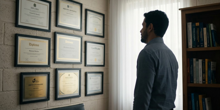 Homem Brasileiro observando seus diplomas e prêmios com postura de dúvida em seu escritório.