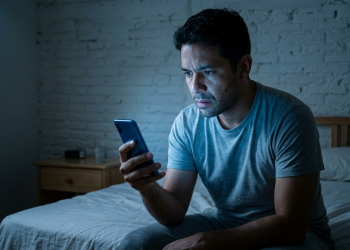 Homem Brasileiro sob luz azul do celular em quarto escuro expressando hesitação.