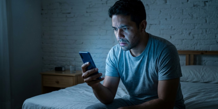 Homem Brasileiro sob luz azul do celular em quarto escuro expressando hesitação.