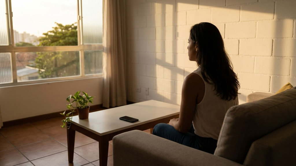 Mulher Brasileira ignora celular sobre a mesa enquanto encara o vazio na sala.