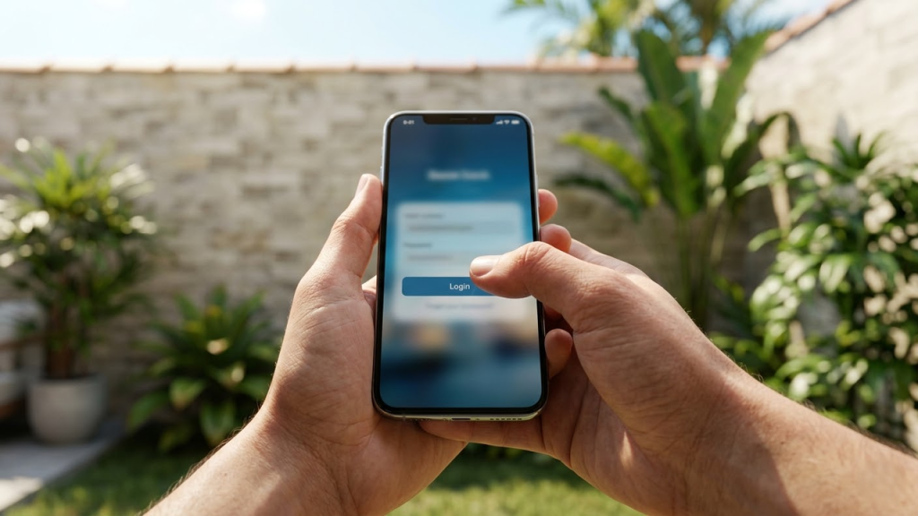 Visão em primeira pessoa de mãos hesitando antes de abrir aplicativo de banco no celular.