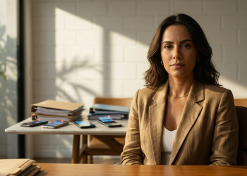 Mulher Brasileira expressando autoconfiança e clareza em seu escritório iluminado.