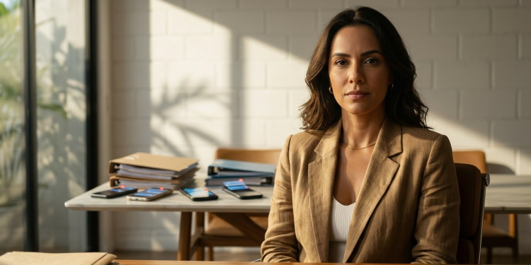 Mulher Brasileira expressando autoconfiança e clareza em seu escritório iluminado.