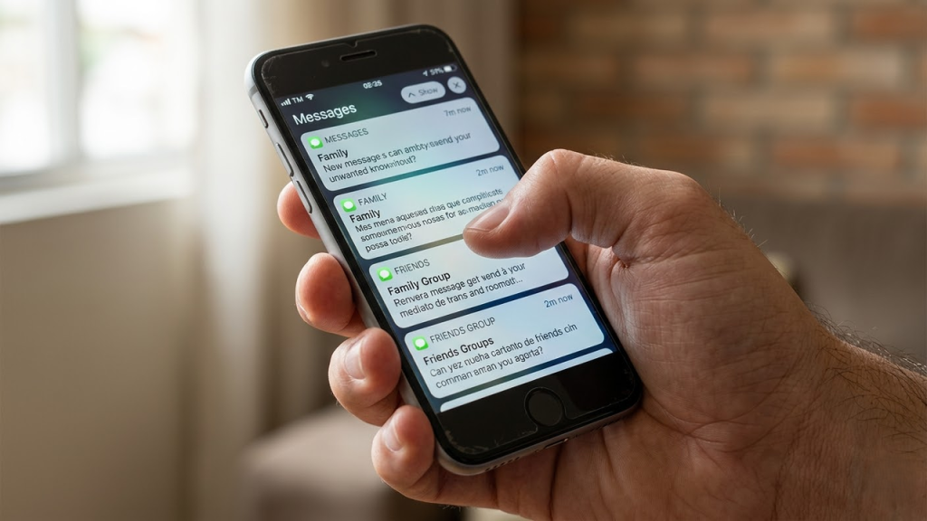 Close tenso em mão segurando celular com diversas notificações de pedidos de favores.
