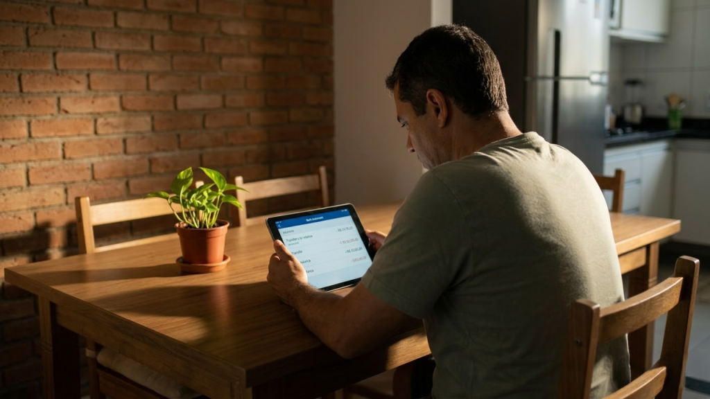 Homem observa extrato bancário com pesar após emprestar dinheiro por pressão.