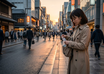 Pedestre Japonesa guarda lixo na própria mochila em rua impecável de Tóquio.