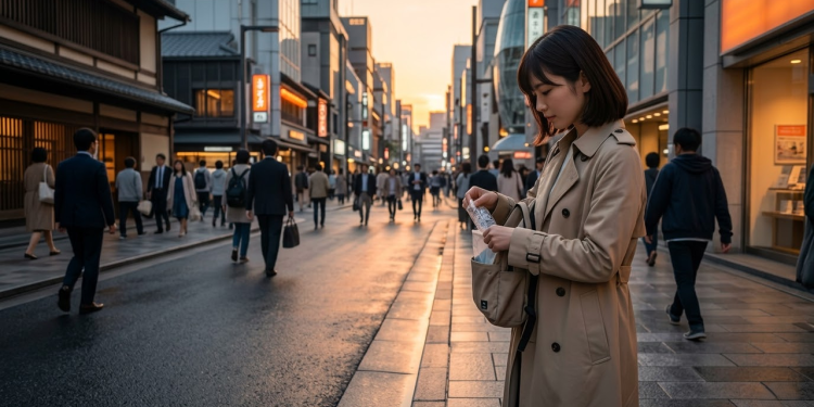 Pedestre Japonesa guarda lixo na própria mochila em rua impecável de Tóquio.