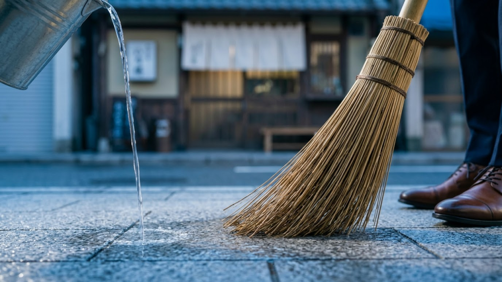 Proprietário limpando a calçada com vassoura de bambu ao amanhecer no Japão.