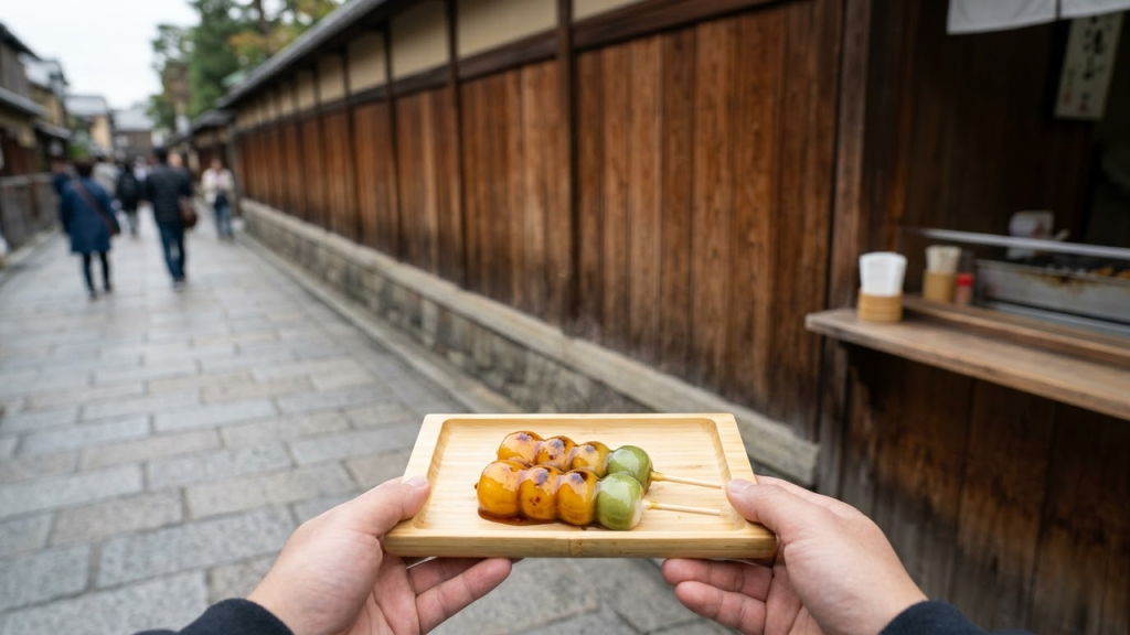 Visão em primeira pessoa de alguém comendo parado em área permitida no Japão.
