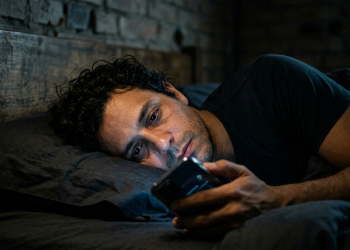 Homem exausto iluminado pela luz azul do celular no escuro.