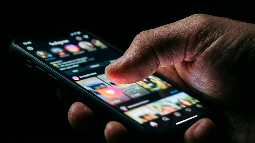 Close detalhado de uma mão operando um celular na escuridão.