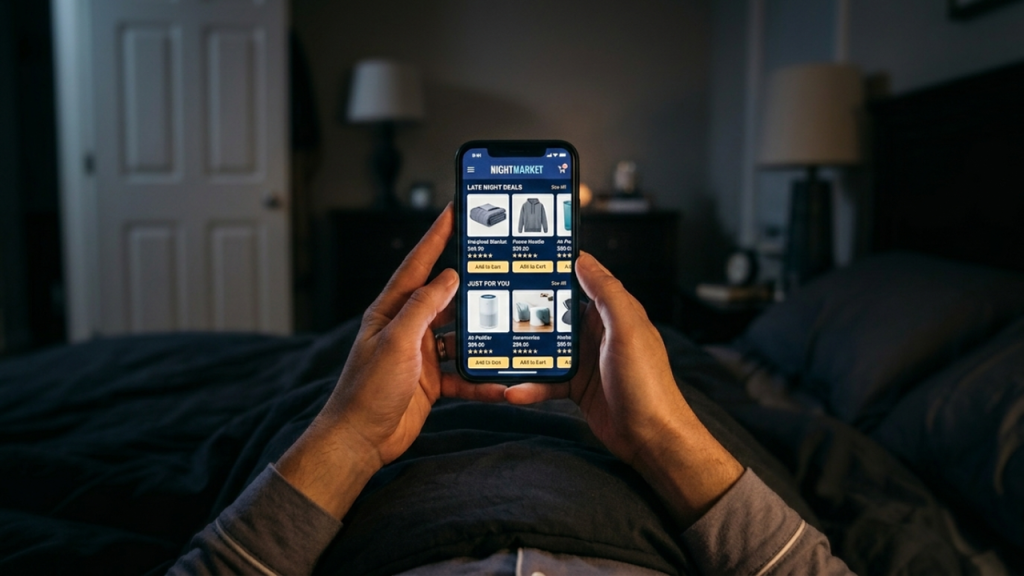 Visão em primeira pessoa de quem faz compras online deitado na cama.