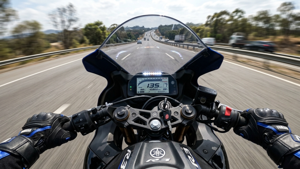 Visão do piloto focada no painel digital e na estrada à frente.