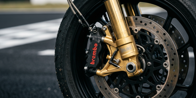 Detalhe macro da suspensão invertida dourada e freios de alta performance.