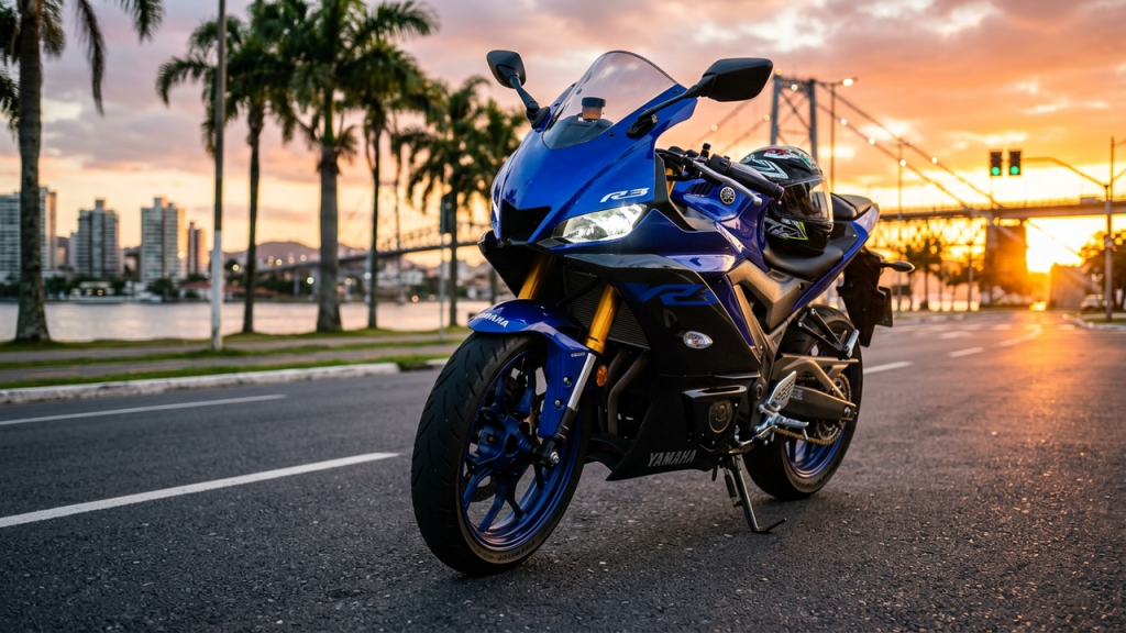 Motocicleta esportiva azul em destaque sob a luz dourada do pôr do sol.
