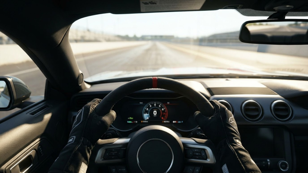 Visão de dentro do cockpit com as mãos no volante em um autódromo.