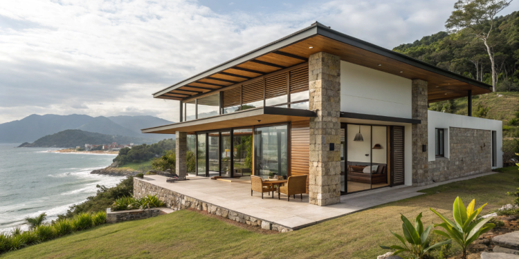 Construída com perfis de PVC preenchidos com concreto, esta casa de 65 metros quadrados é imune a cupins, mofo e corrosão marítima